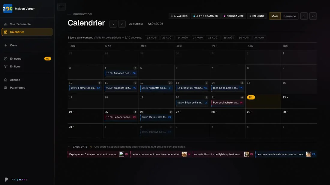 Le calendrier éditorial de Prismart : un mois de publications réparties par réseau et par étape