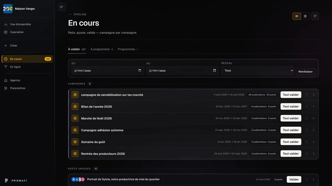 La file de relecture de Prismart : les campagnes en attente, prêtes à valider d'un geste